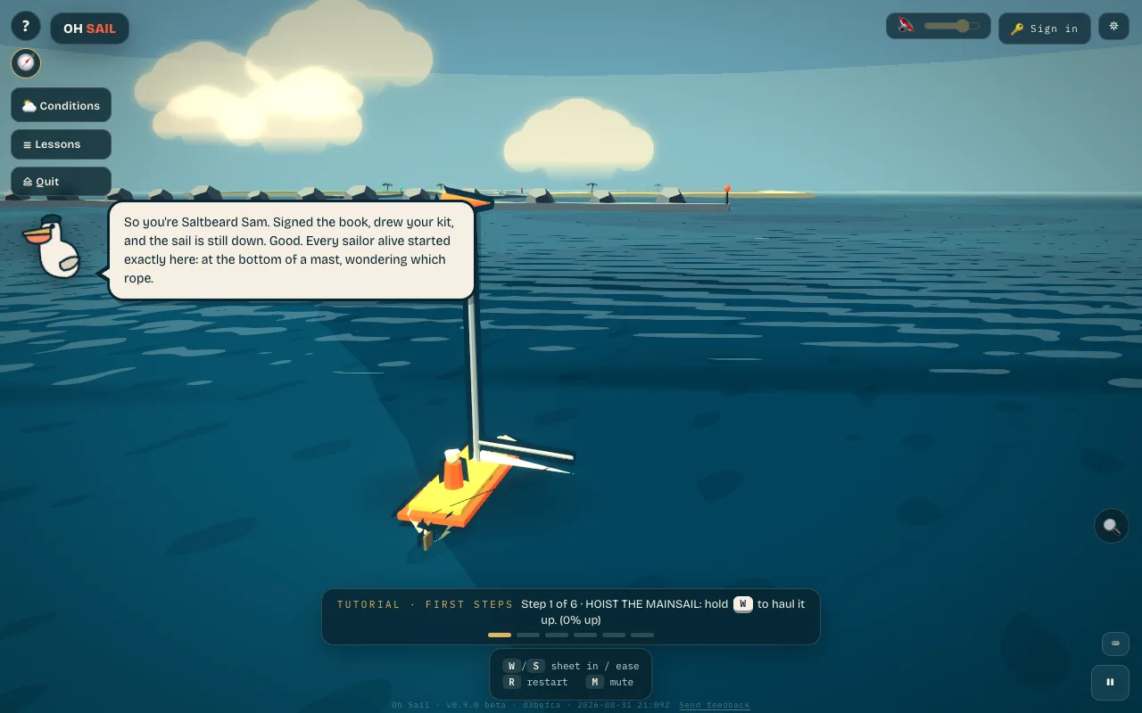 The tutorial: step 1 of 6, the sail still down, Cap’n Pell coaching